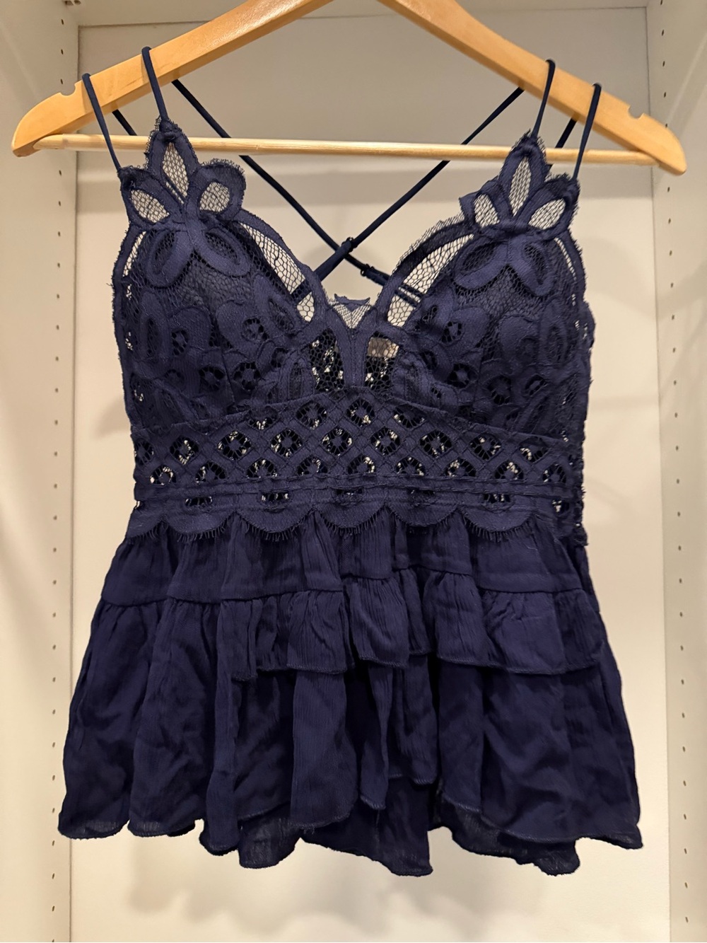 Pookie & Sebastian Lace Crochet Tiered Navy Camisole with Crisscross Straps